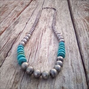 Vintage Hematite & Turquoise Bead Necklace Long 25.5"